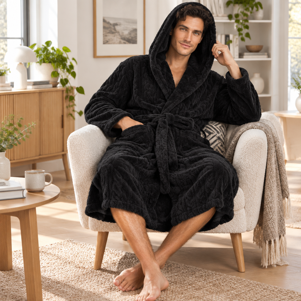 Jacquard Flannel Hooded Bathrobe for Men - Plush Coral Fleece Gown