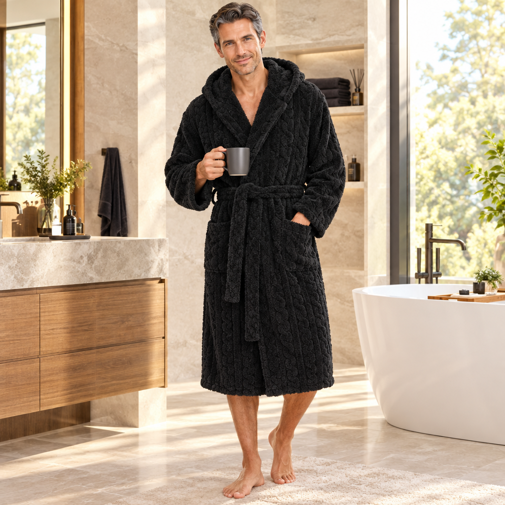 Jacquard Flannel Hooded Bathrobe for Men - Plush Coral Fleece Gown