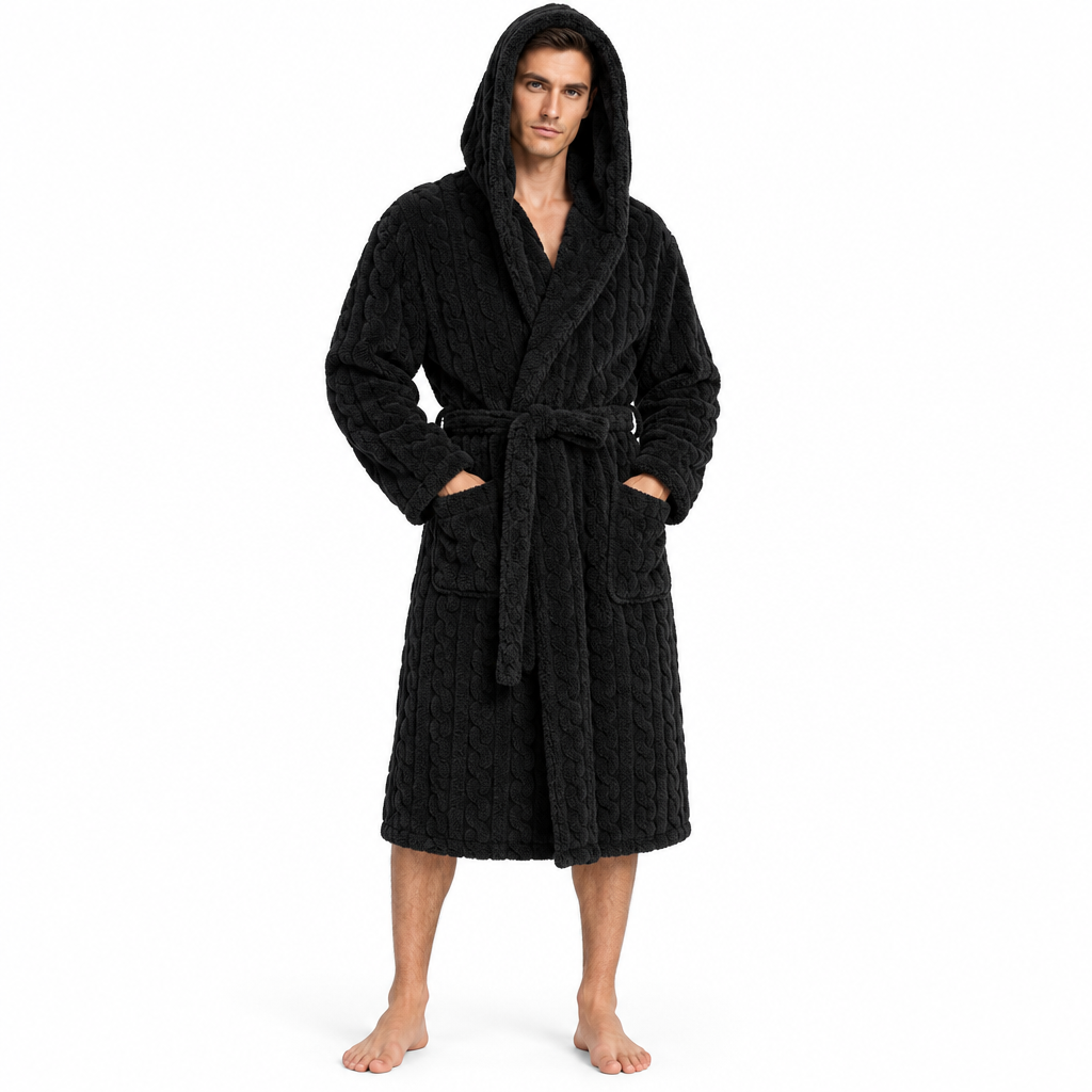 Jacquard Flannel Hooded Bathrobe for Men - Plush Coral Fleece Gown