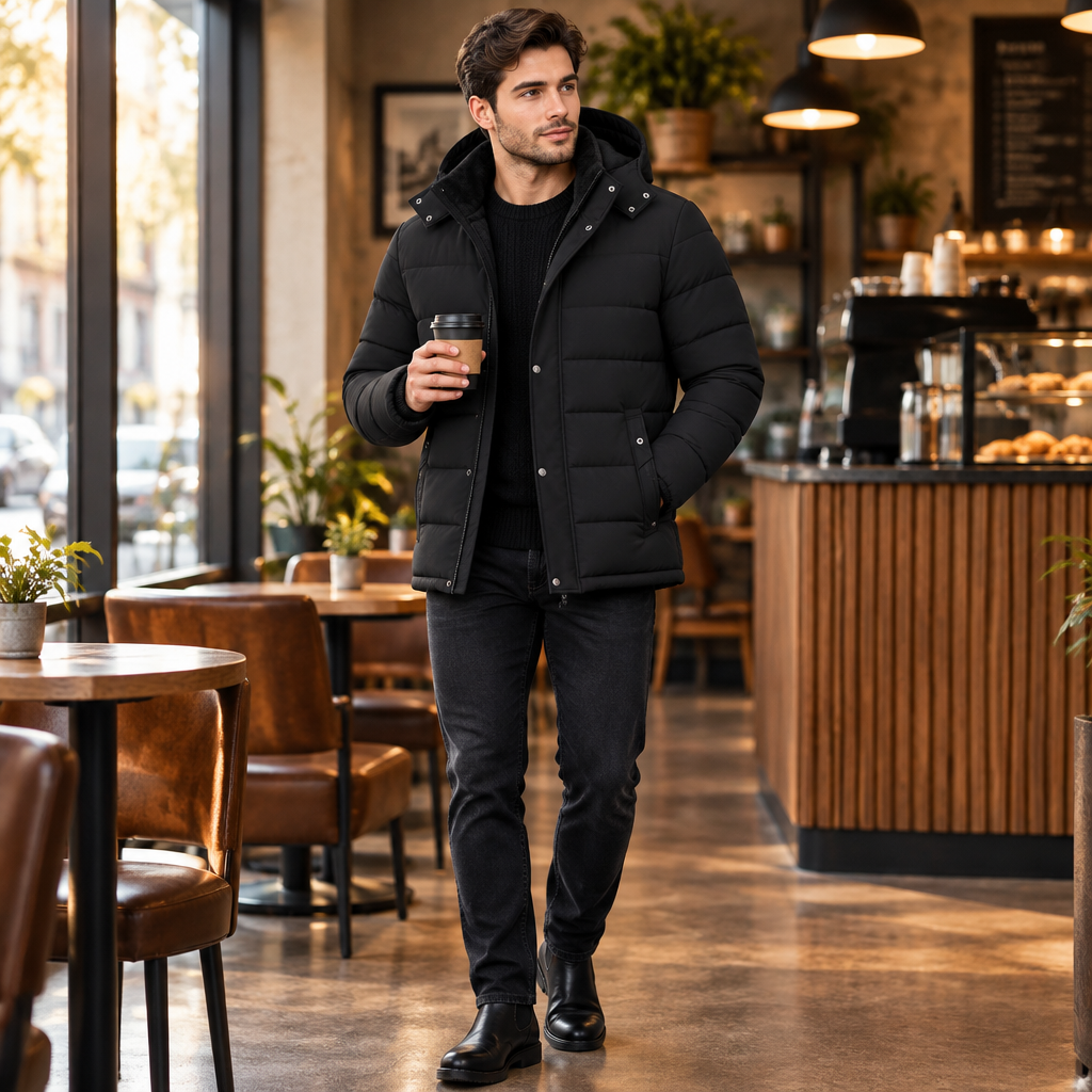 A man wearing a black hooded puffer jacket, black shirt, black pants, and black boots walks through a modern coffee shop holding a takeaway coffee cup.