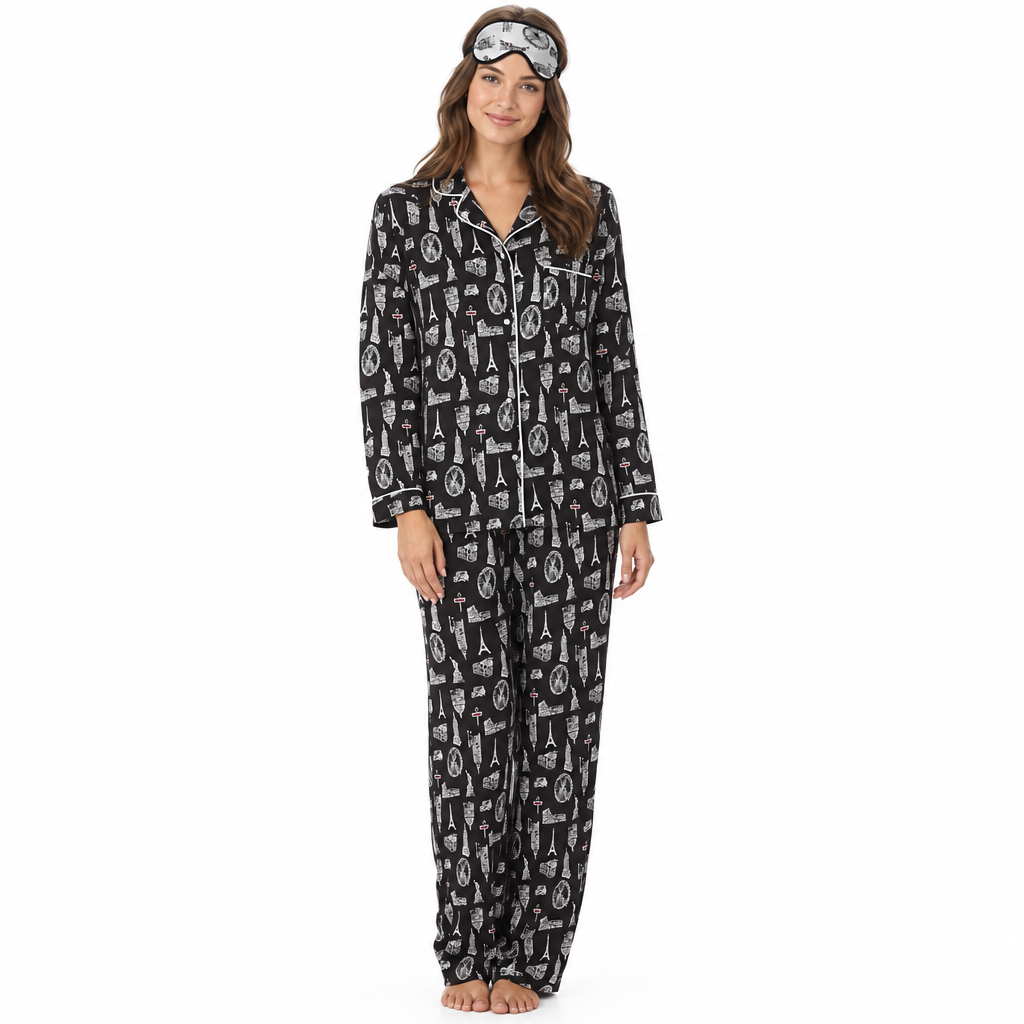Women’s Satin Pyjamas Long Sleeve Nightwear Loungewear Set City Print