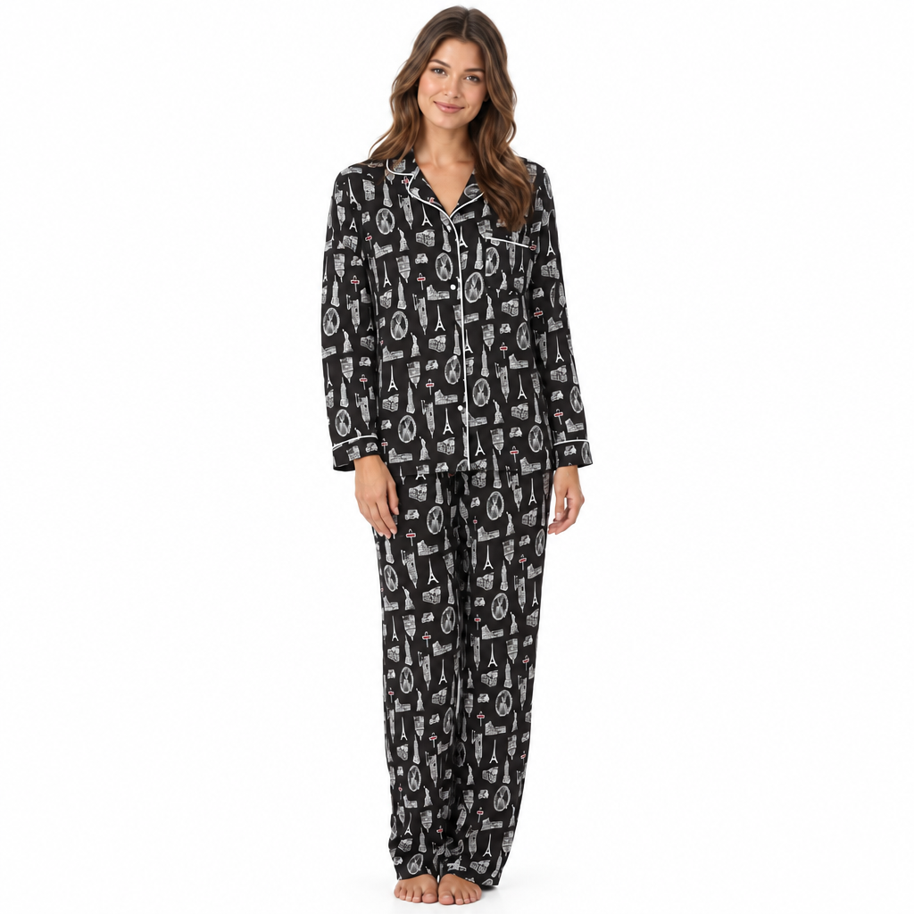 Women’s Satin Pyjamas Long Sleeve Nightwear Loungewear Set City Print