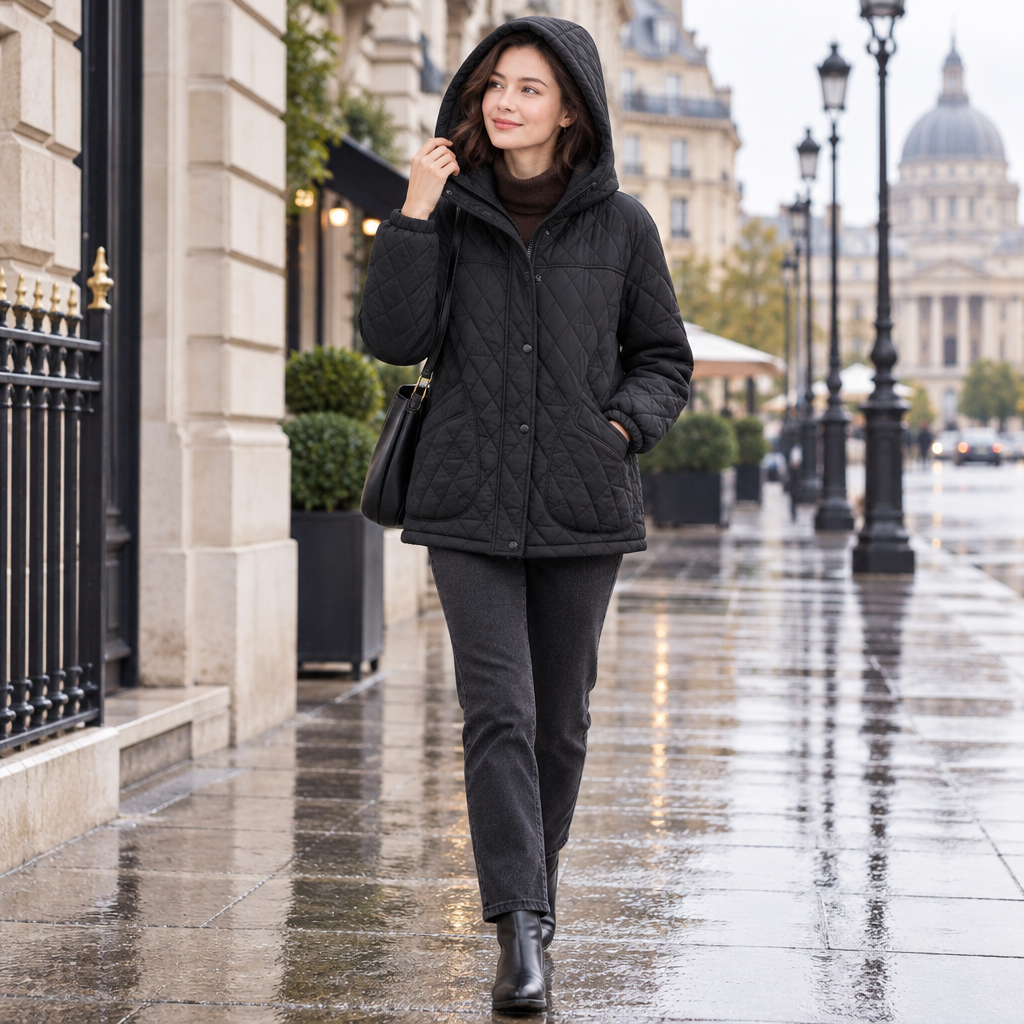 A woman walking on a wet city street wearing a black quilted hooded jacket, dark pants, and black ankle boots, with a blurred classical building in the background.