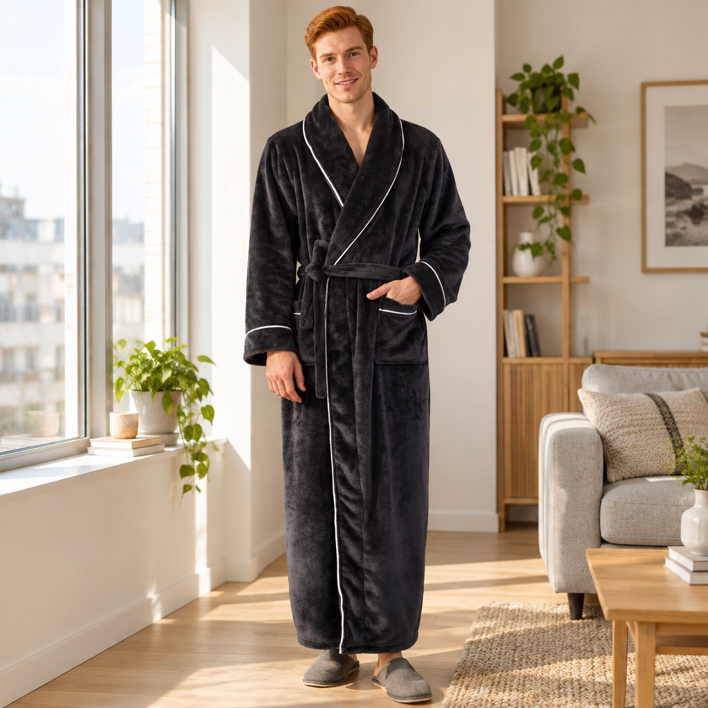 Men's Cozy Flannel Robe - Plush Coral Fleece for Ultimate Home Comfort
