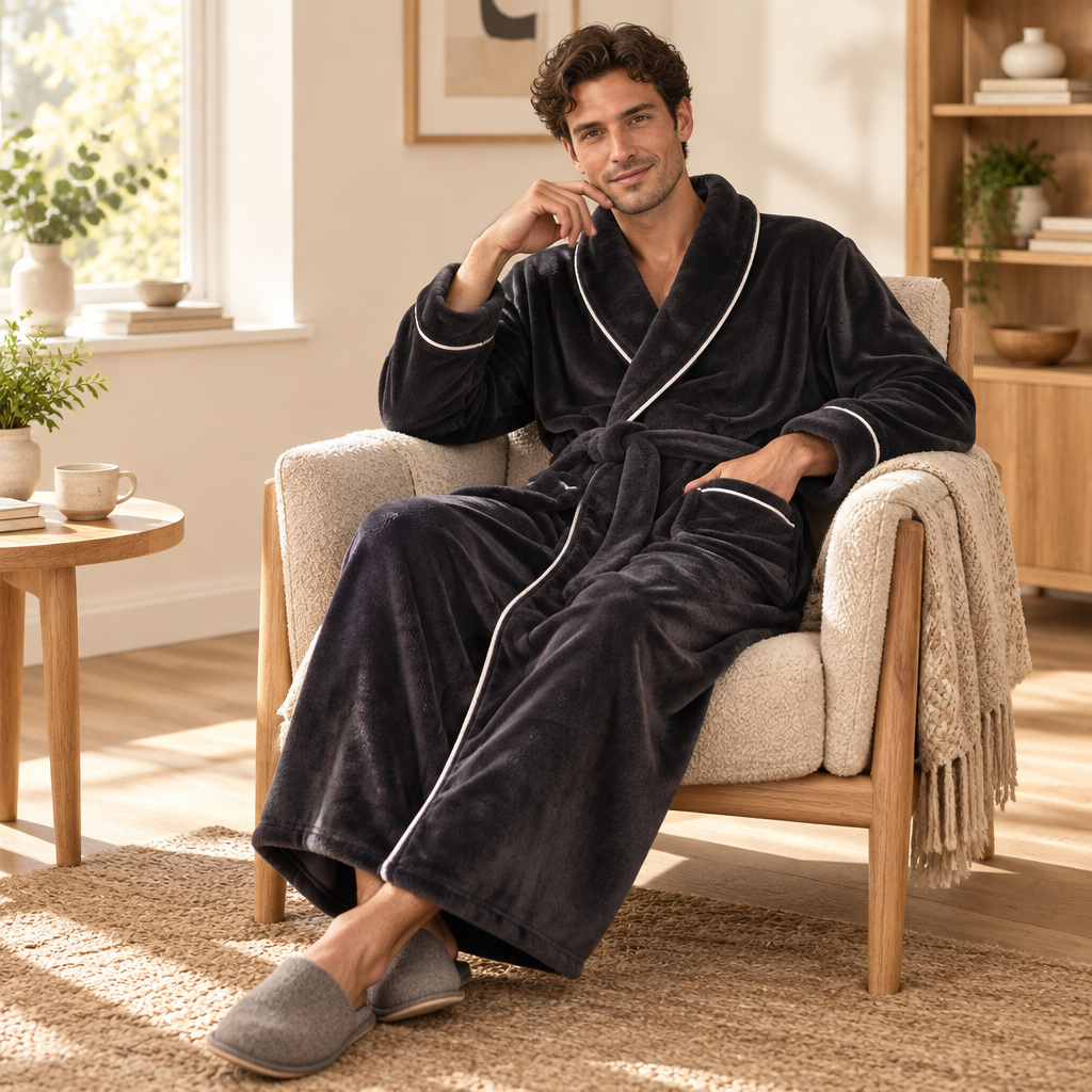 Men's Cozy Flannel Robe - Plush Coral Fleece for Ultimate Home Comfort