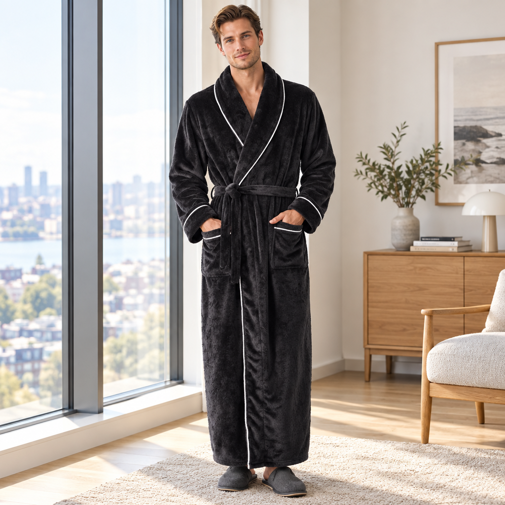 Men's Cozy Flannel Robe - Plush Coral Fleece for Ultimate Home Comfort