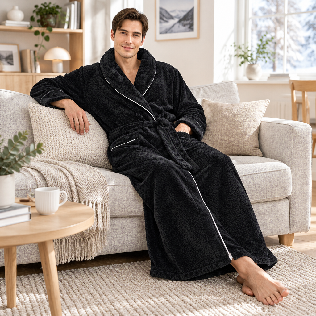 Men's Oversized Fleece Bathrobe - Coral Flannel Kimono Robe for Couples