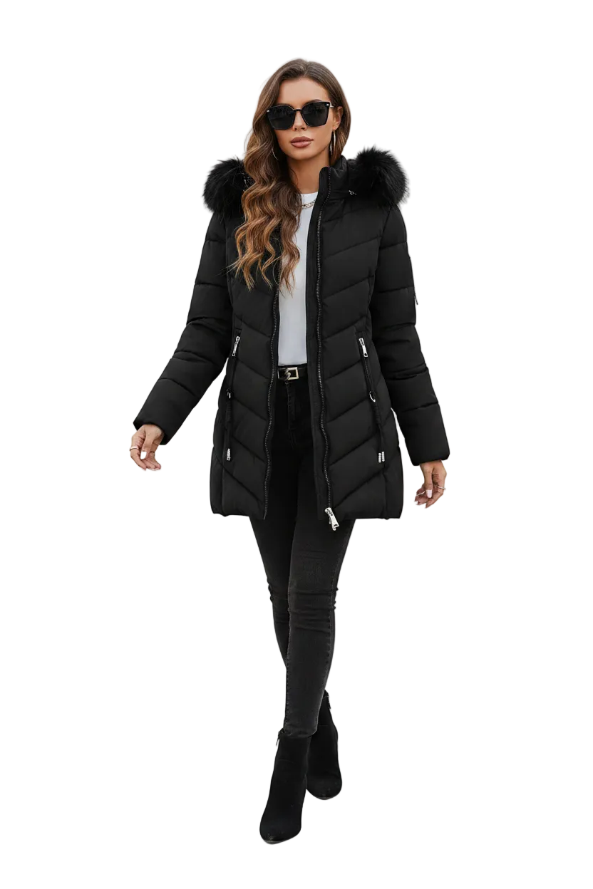 A woman modeling a black puffer coat with a black faux-fur hood trim, worn over a white top and black pants, on a solid white background.