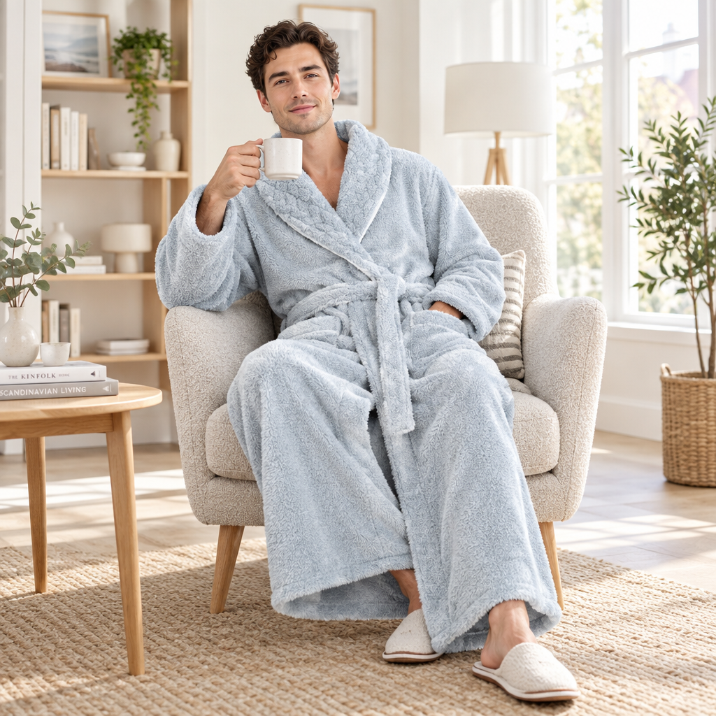 Men's Oversized Fleece Bathrobe - Coral Flannel Kimono Robe for Couples
