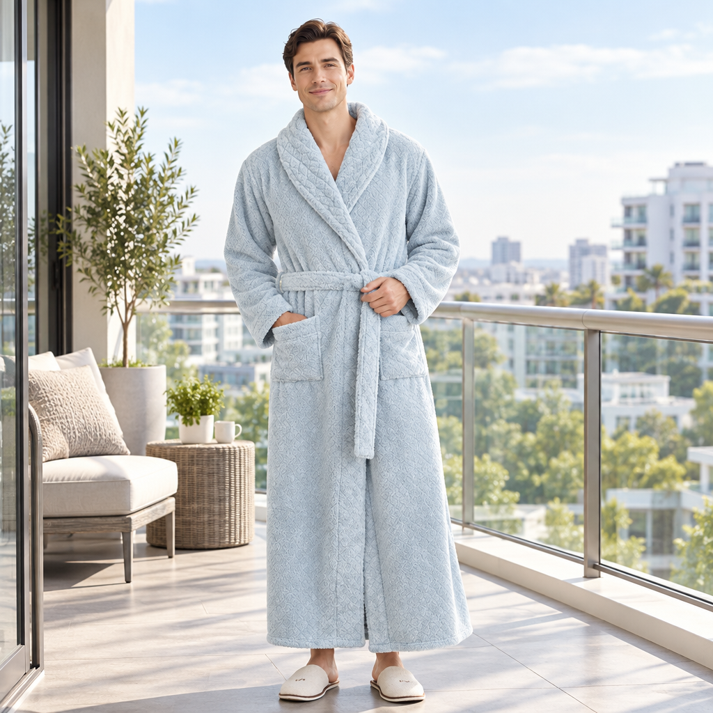 Men's Oversized Fleece Bathrobe - Coral Flannel Kimono Robe for Couples