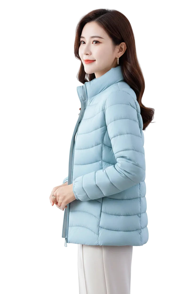 A woman modeling a light blue puffer jacket with a high collar and front zipper, paired with light beige pants, set against a plain white background.