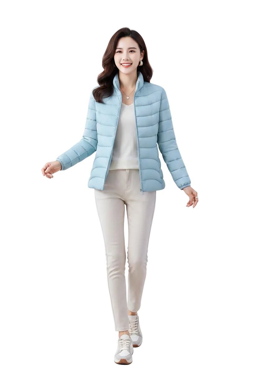 A woman modeling a light blue puffer jacket over a cream top and beige pants, walking against a solid white background.