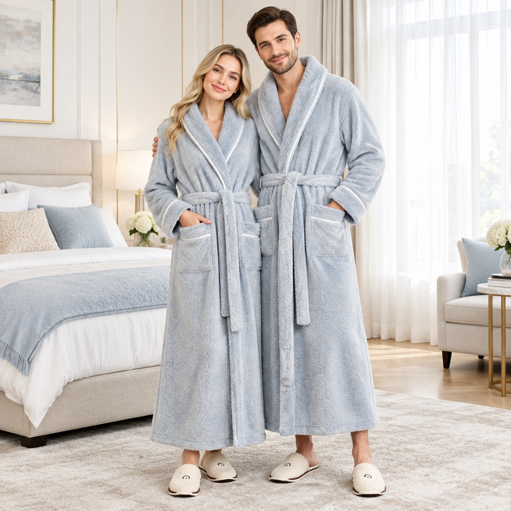 Men's Oversized Fleece Bathrobe - Coral Flannel Kimono Robe for Couples