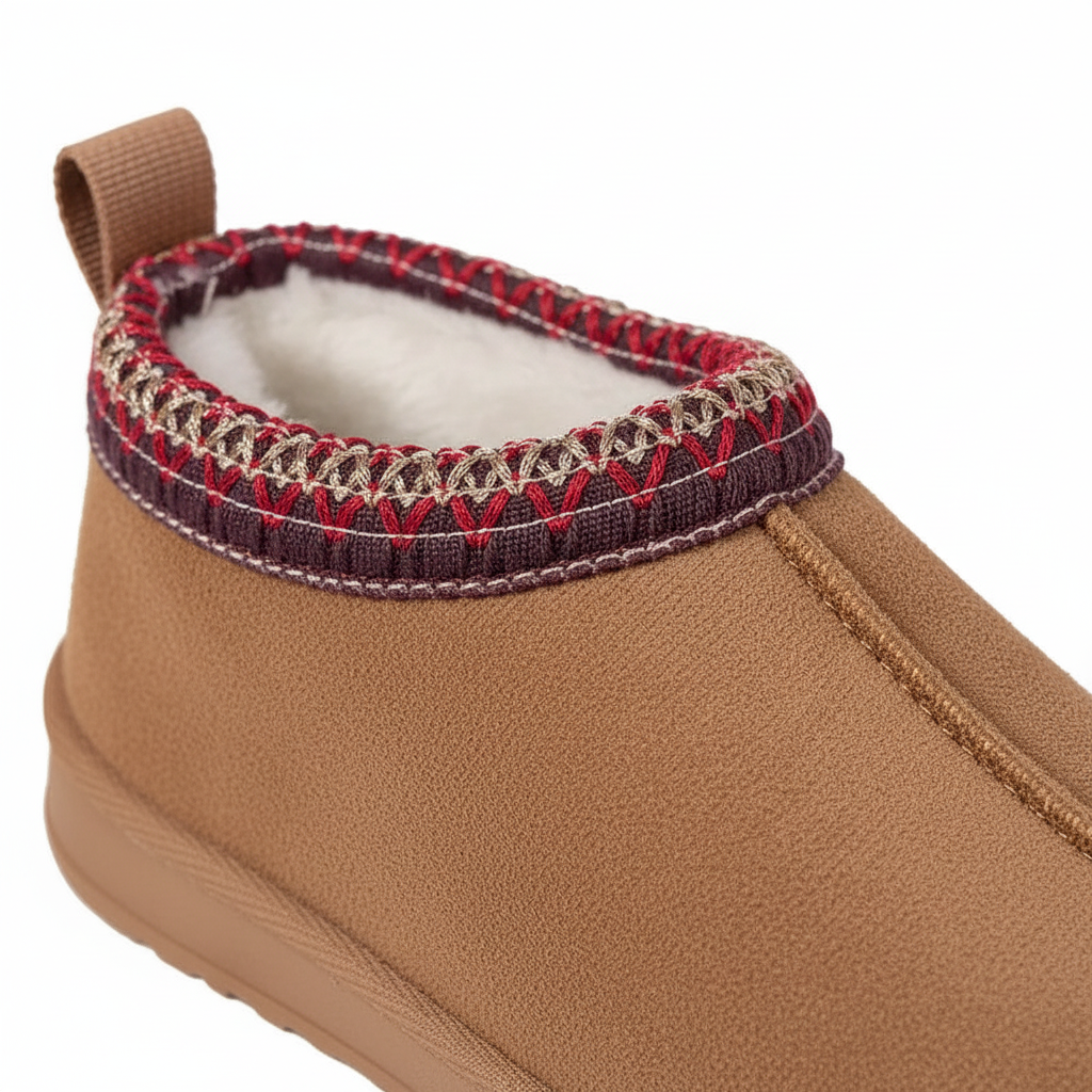 Close-up of a tan slipper boot with a soft white fleece lining and a decorative red, purple, and beige knit trim around the collar.