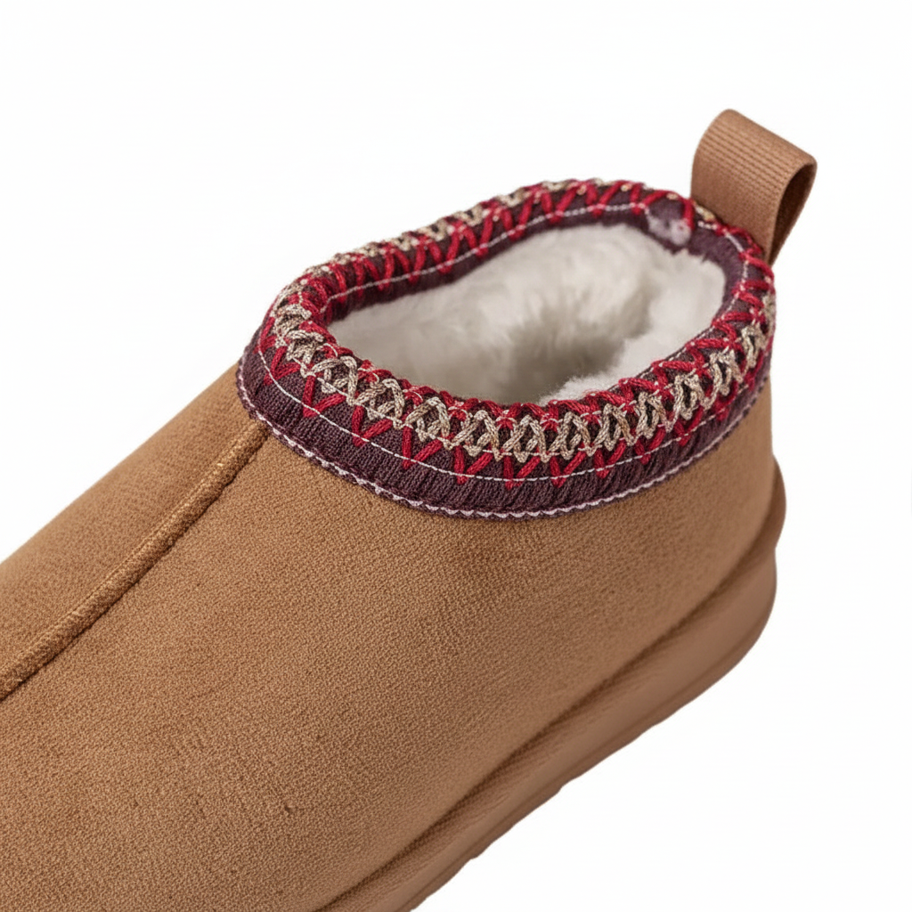 Close-up of a tan suede-like slipper boot with a white sherpa lining and a red and beige patterned knit trim around the opening.