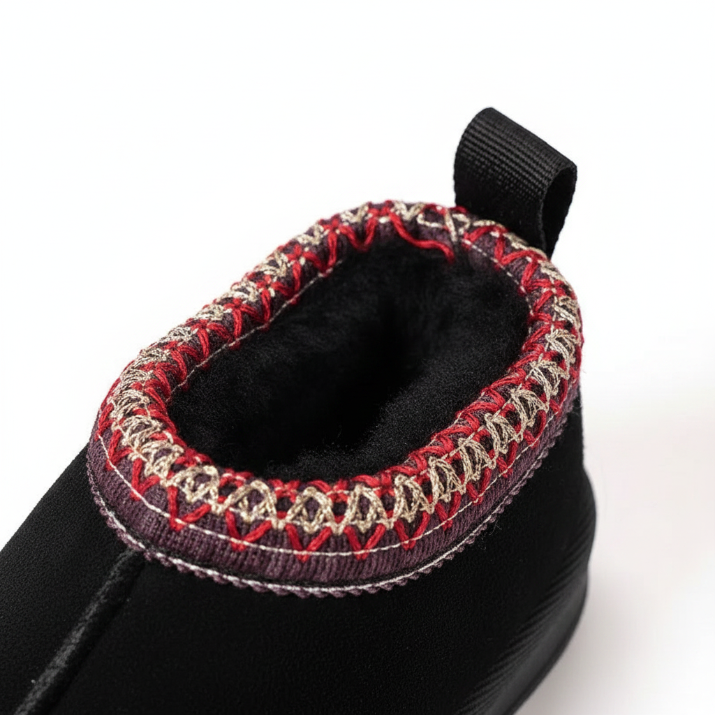 Close-up of a black winter boot showing the interior lining and decorative stitching around the collar, with a black pull tab at the top, on a white background.