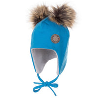 Bright Blue Merino Wool Baby Hat with Faux-Fur Pompoms