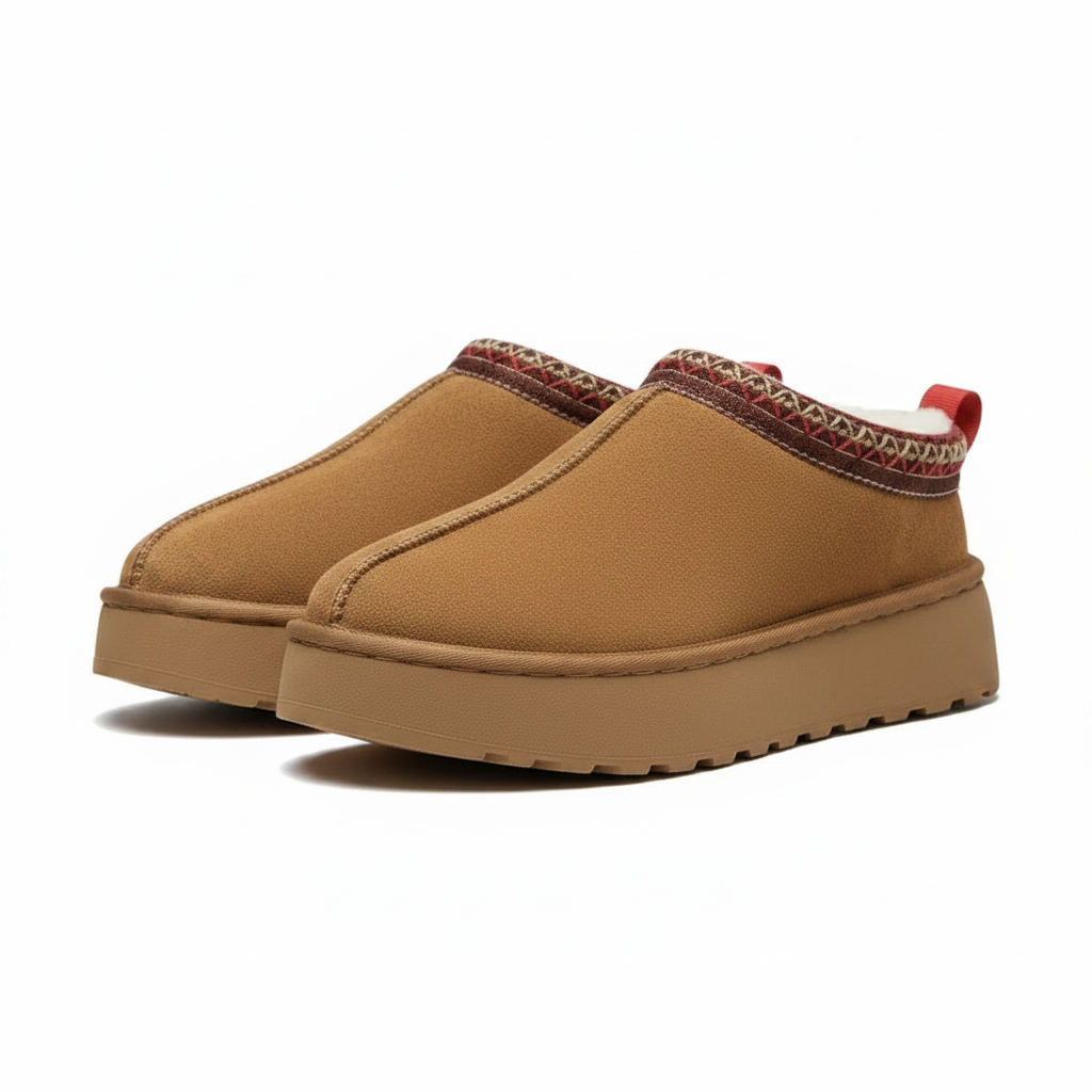 A pair of slip-on platform mule shoes in tan canvas, featuring a patterned trim around the collar and a red pull tab on the heel, set against a plain white background.
