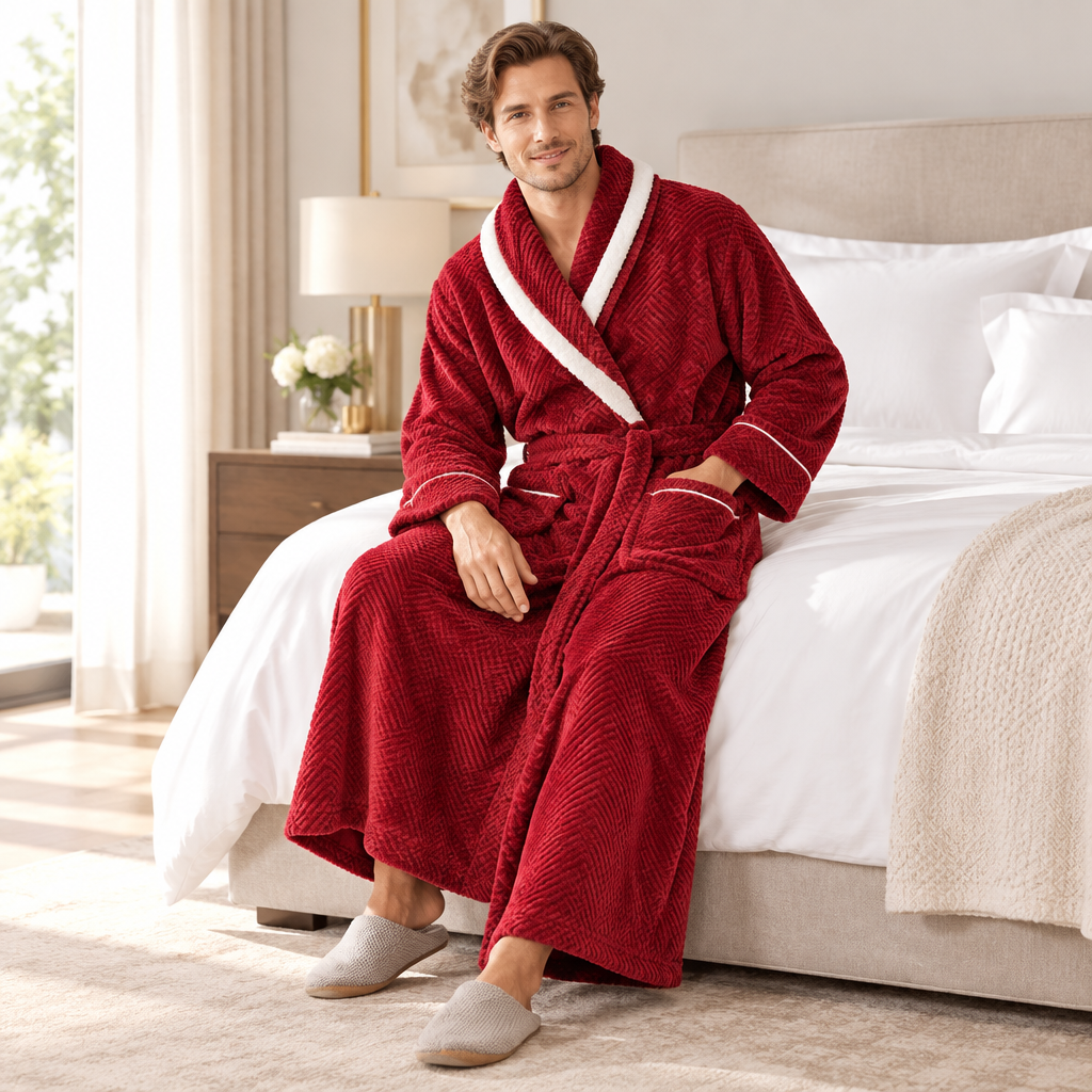 Men's Oversized Fleece Bathrobe - Coral Flannel Kimono Robe for Couples