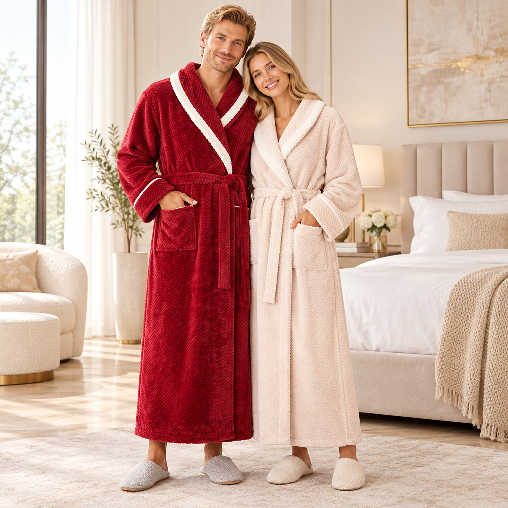 Men's Oversized Fleece Bathrobe - Coral Flannel Kimono Robe for Couples
