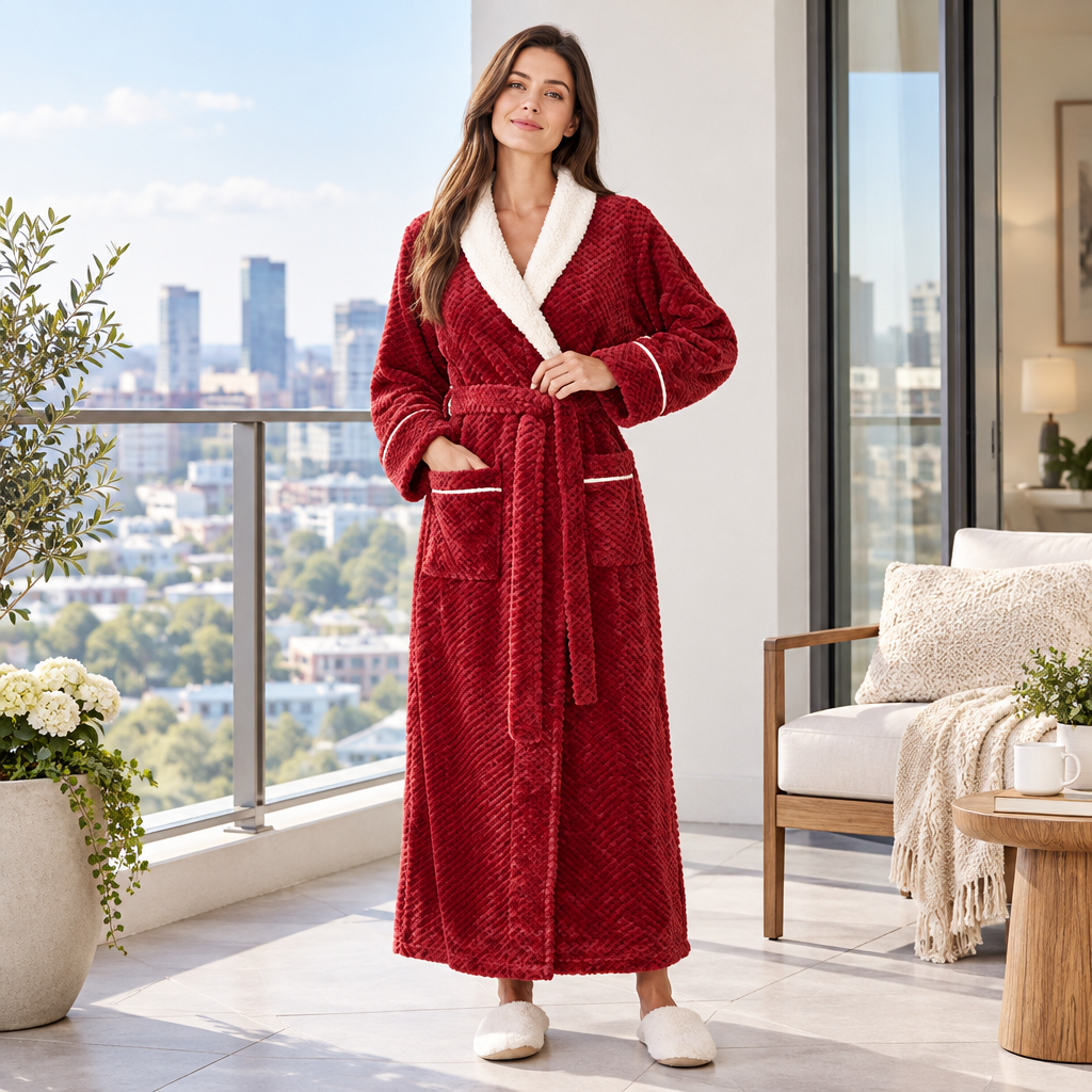 Men's Oversized Fleece Bathrobe - Coral Flannel Kimono Robe for Couples