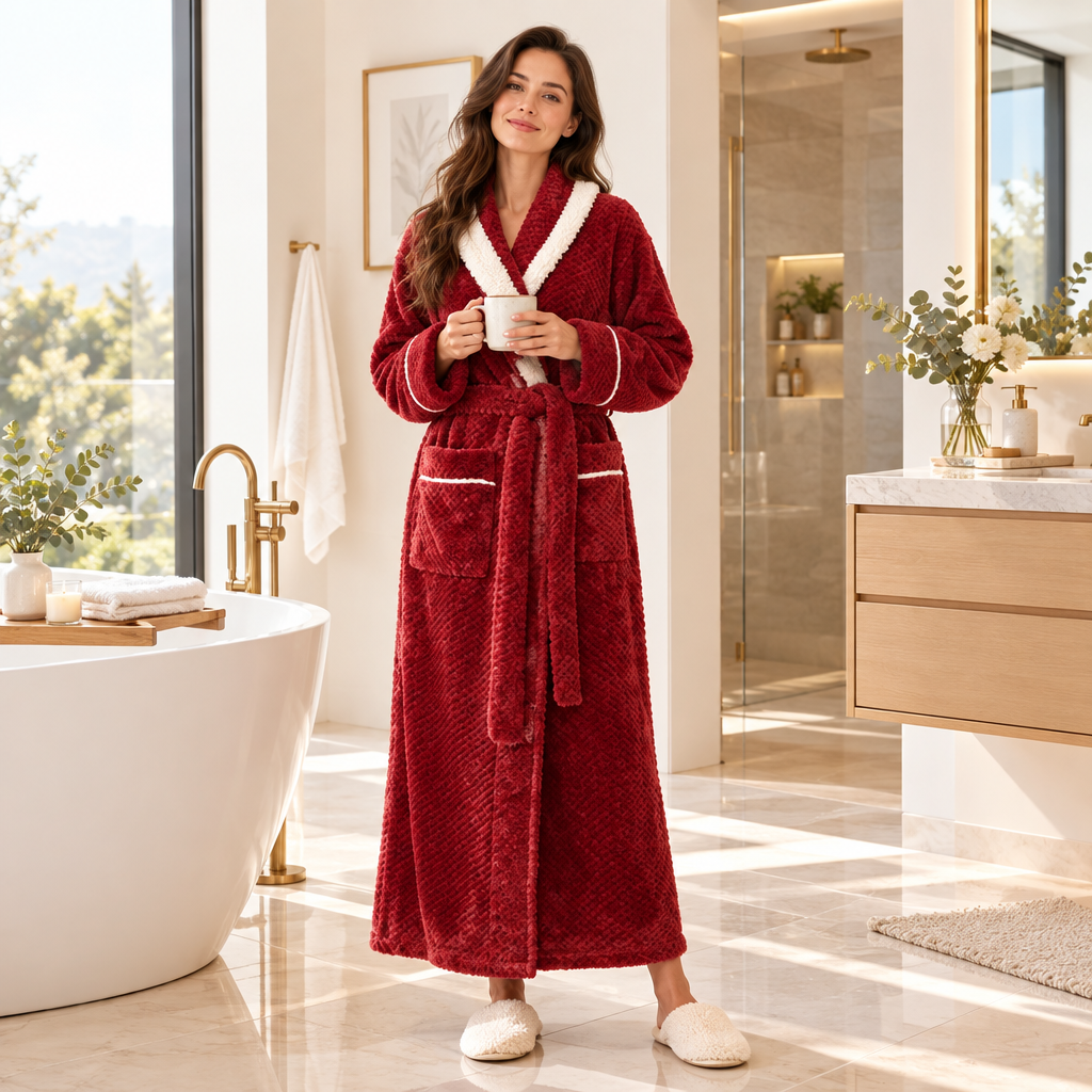 Men's Oversized Fleece Bathrobe - Coral Flannel Kimono Robe for Couples