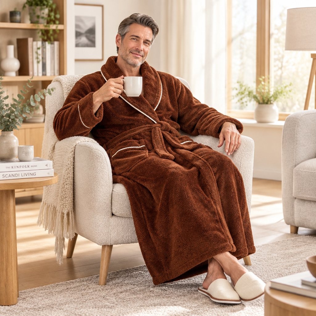 Men's Oversized Fleece Bathrobe - Coral Flannel Kimono Robe for Couples