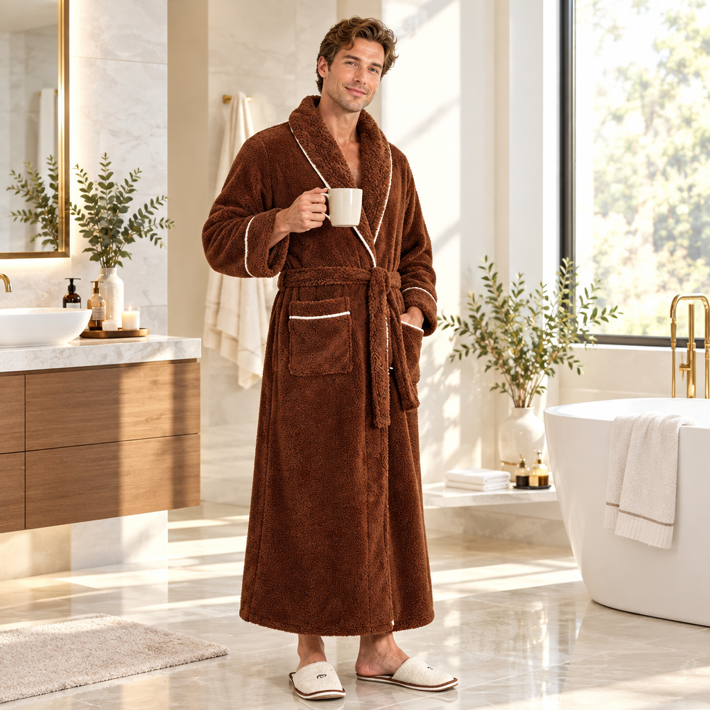 Men's Oversized Fleece Bathrobe - Coral Flannel Kimono Robe for Couples