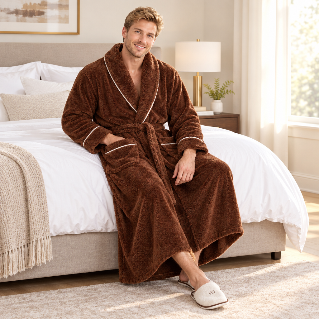 Men's Oversized Fleece Bathrobe - Coral Flannel Kimono Robe for Couples
