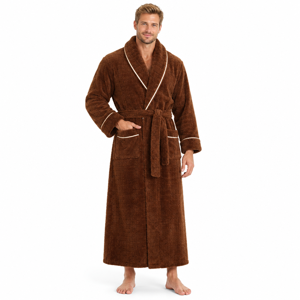 Men's Oversized Fleece Bathrobe - Coral Flannel Kimono Robe for Couples