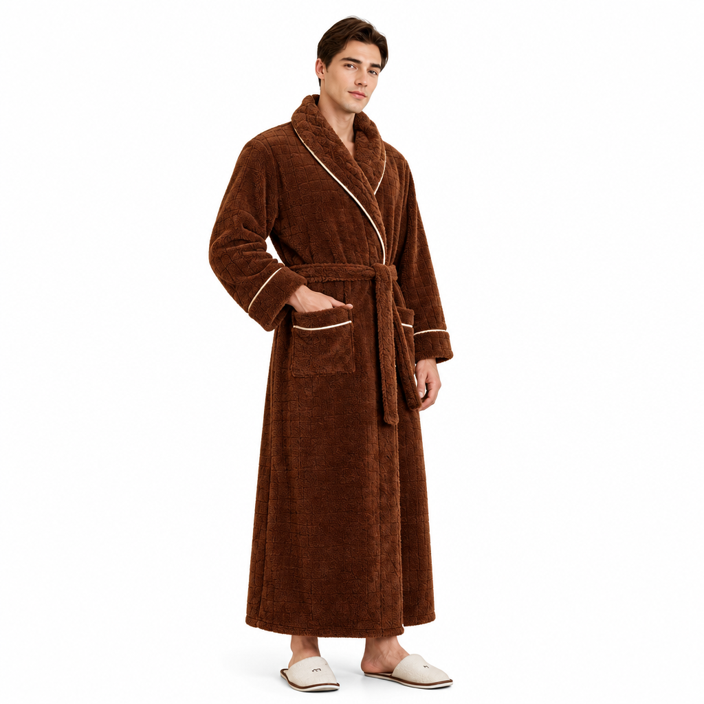 Men's Oversized Fleece Bathrobe - Coral Flannel Kimono Robe for Couples