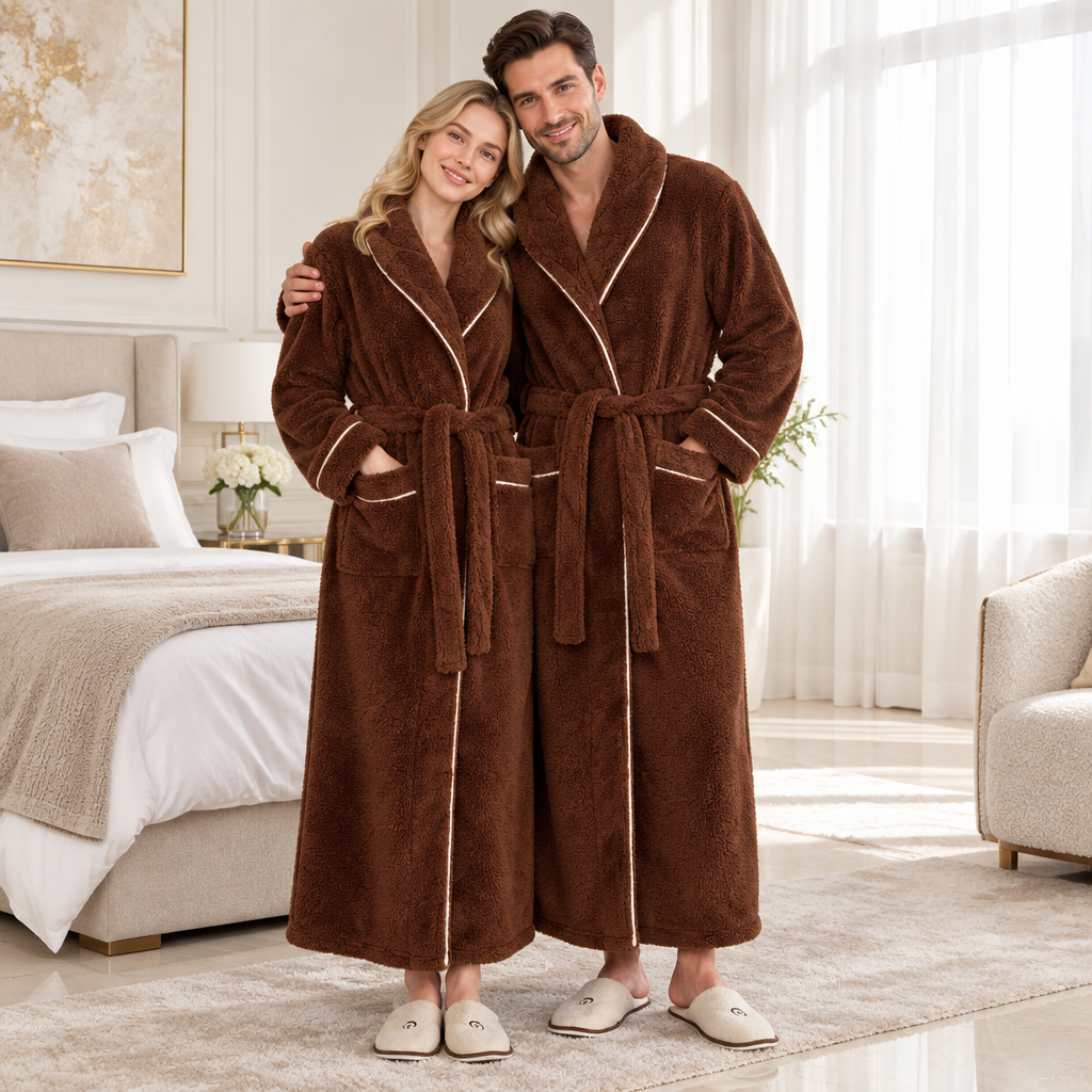 Men's Oversized Fleece Bathrobe - Coral Flannel Kimono Robe for Couples