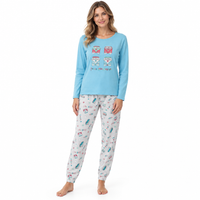 Women's Long Sleeved Pyjamas Loungewear Nightwear in Blue and Coral