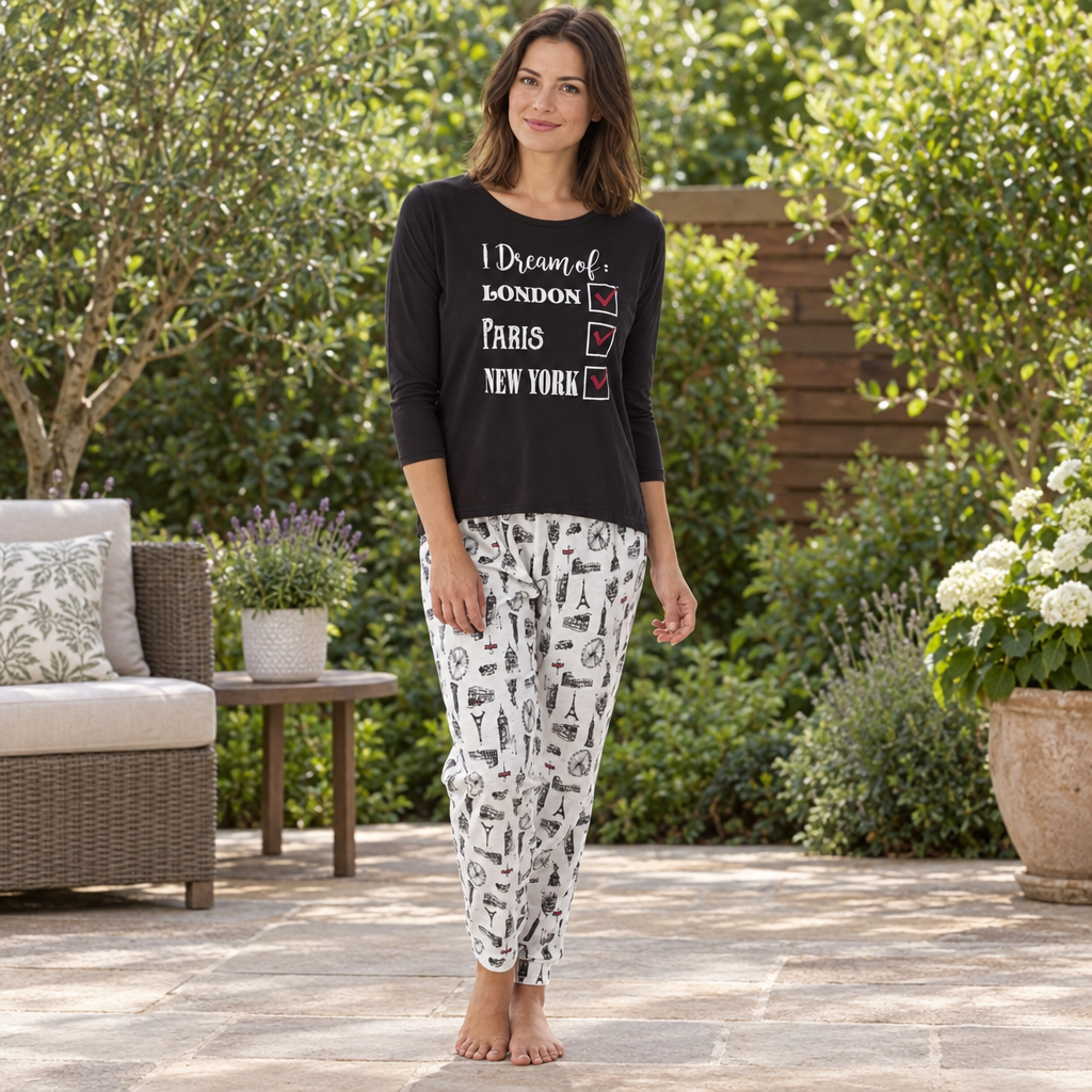 Women’s City Break Pyjama Set with Printed Trousers
