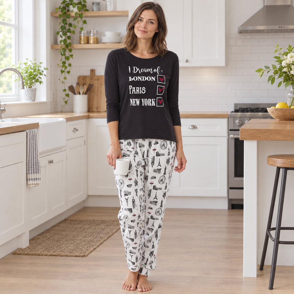 Women’s City Break Pyjama Set with Printed Trousers
