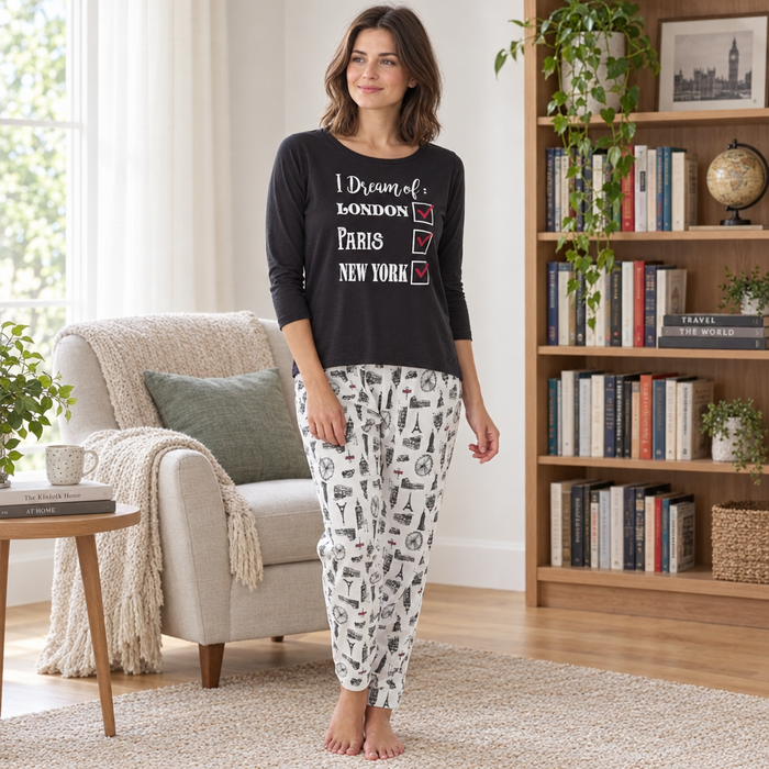 Women’s City Break Pyjama Set with Printed Trousers