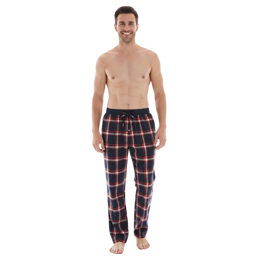 A man modeling a pair of dark navy plaid pajama pants with red and white stripes, shown against a plain white background.