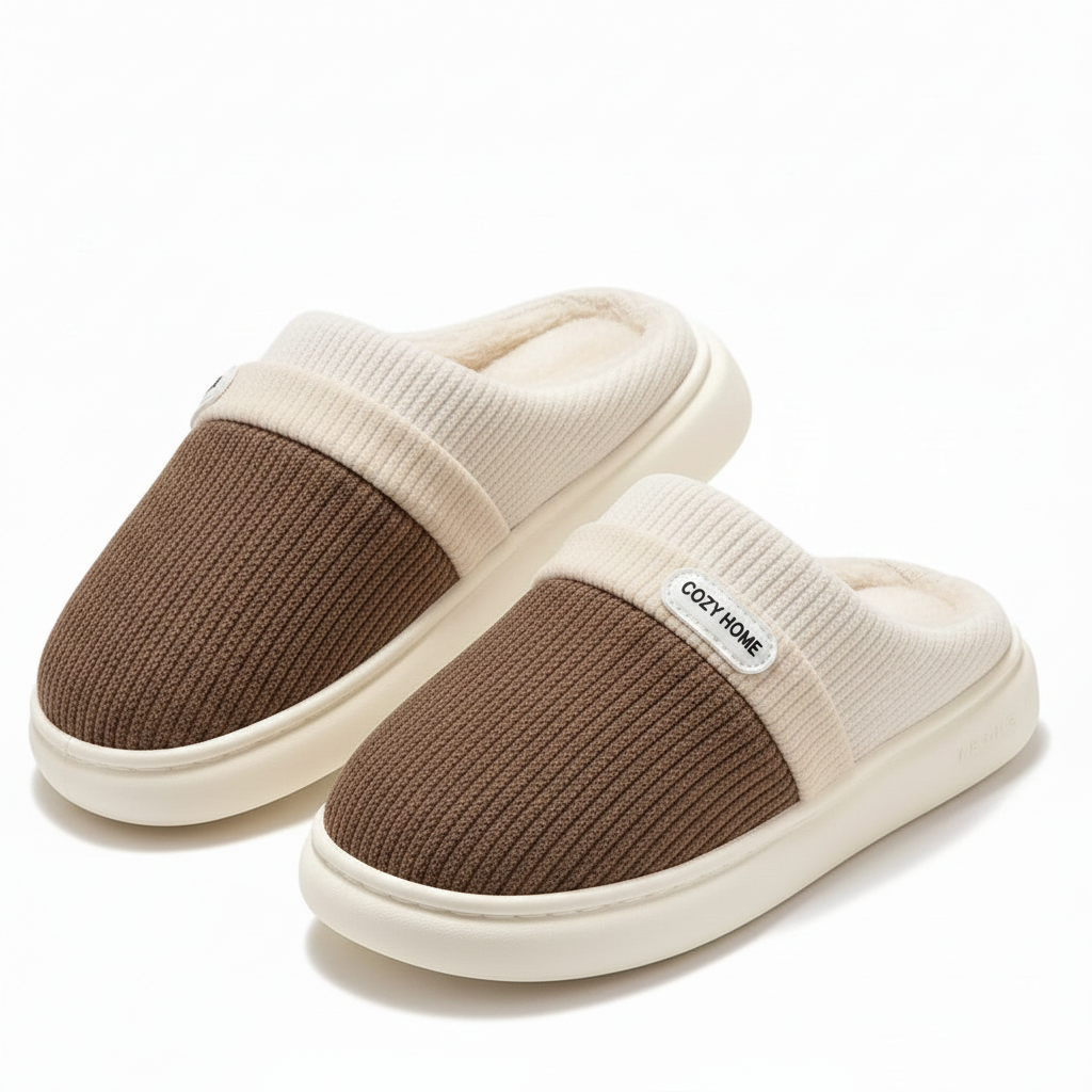 A pair of slip-on mule slippers with a brown ribbed knit upper and a cream-colored ribbed knit collar and sole, shown on a clean white background. A small white label on the side reads 'COZY HOME'.