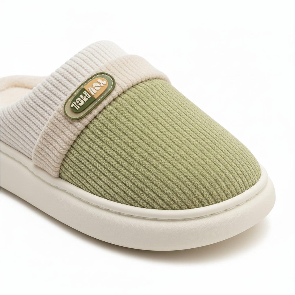 A close-up of a ribbed slip-on mule shoe in sage green and cream, featuring a small oval brand patch on the strap.