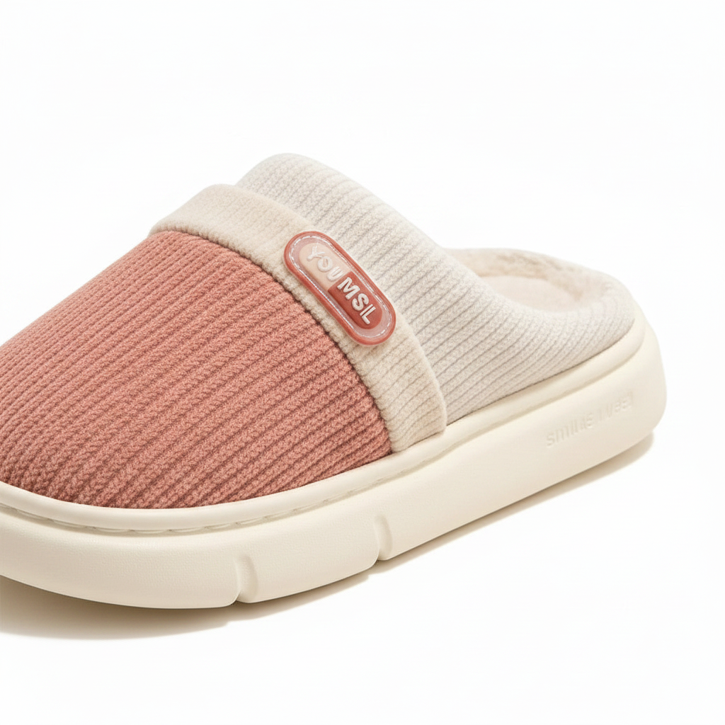 A single slip-on mule shoe with a textured dusty pink upper, a cream ribbed collar, and a thick cream sole. A small pink tag on the collar reads 'JMSL'.