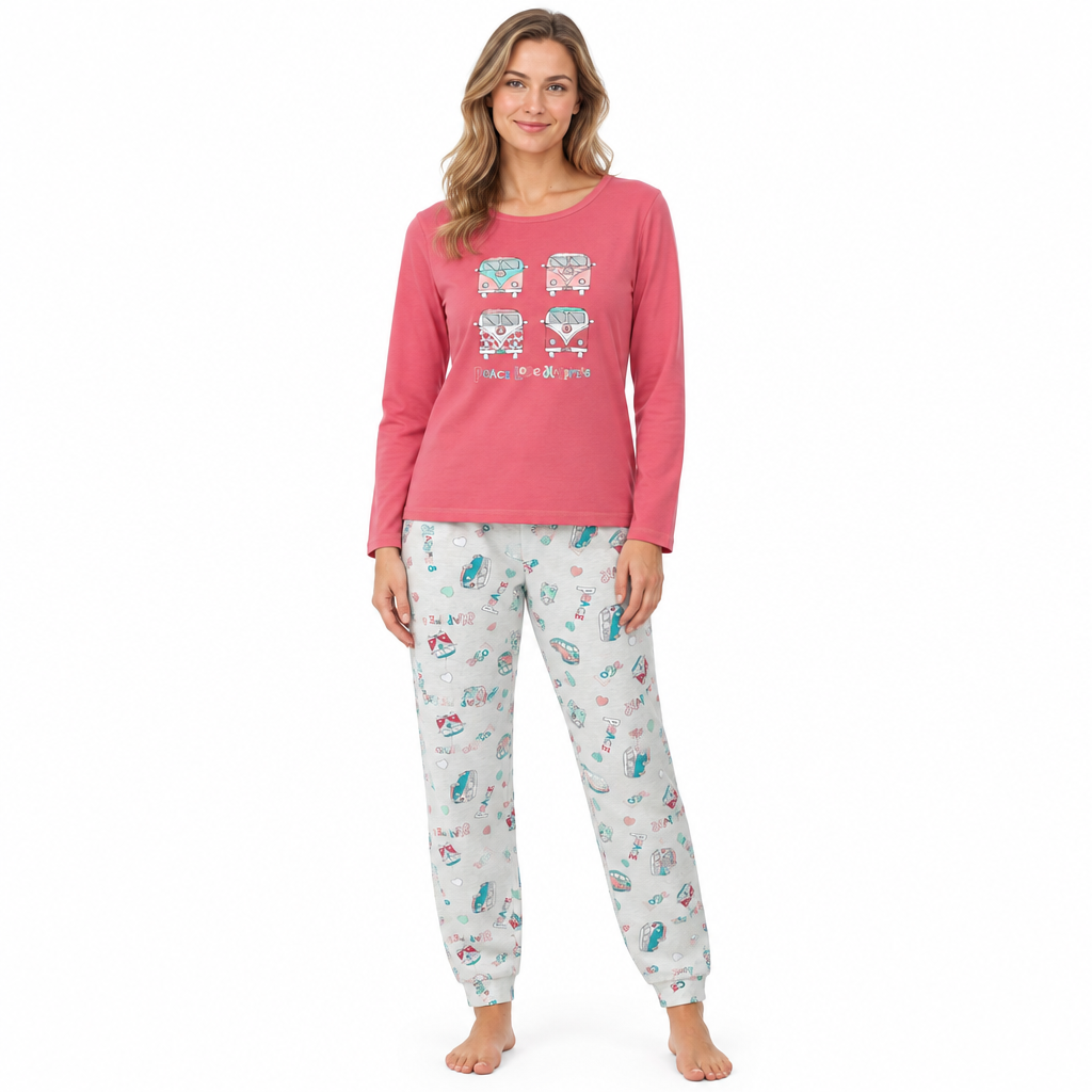 Women's Long Sleeved Pyjamas Loungewear Nightwear in Blue and Coral