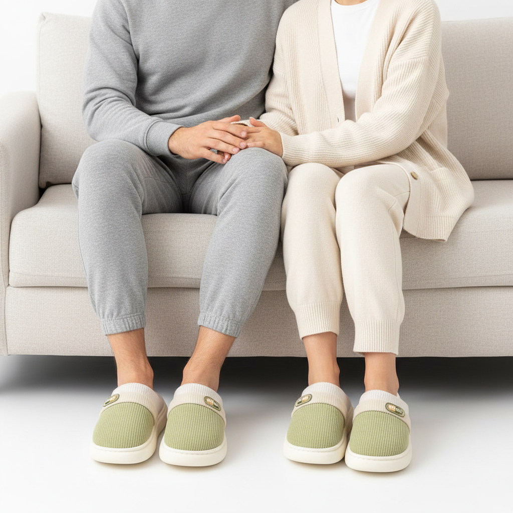 Two people sitting side by side on a light beige sofa, holding hands. Both are wearing matching knit loungewear sets in gray and cream, paired with light green slip-on slippers with white trim.