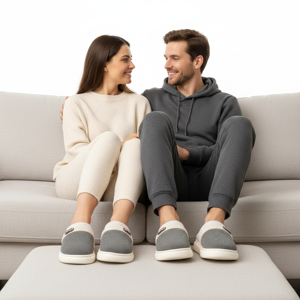 A man and a woman sitting on a light gray couch, wearing matching cozy loungewear sets and gray slip-on slippers with white soles, set against a clean white background.