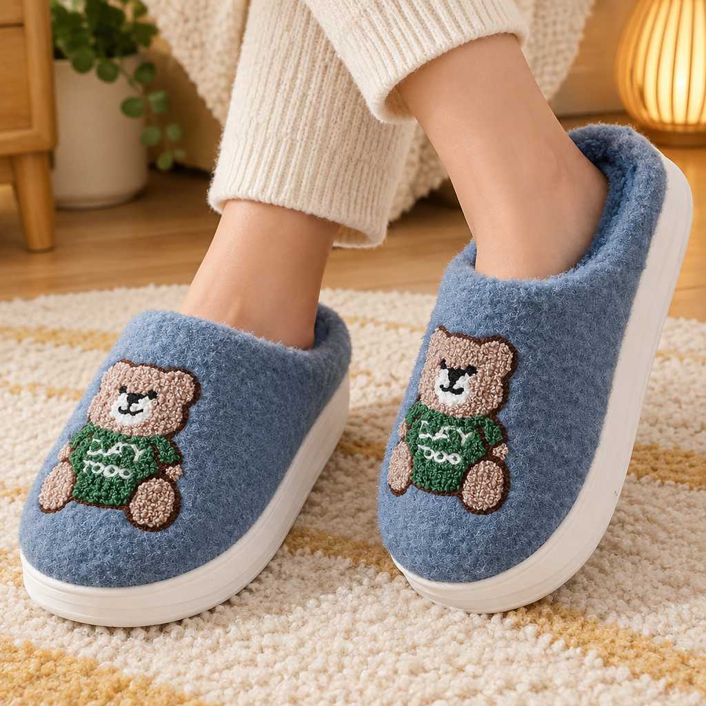 Step into Comfort with Cartoon Bear Woolen Slippers for Women