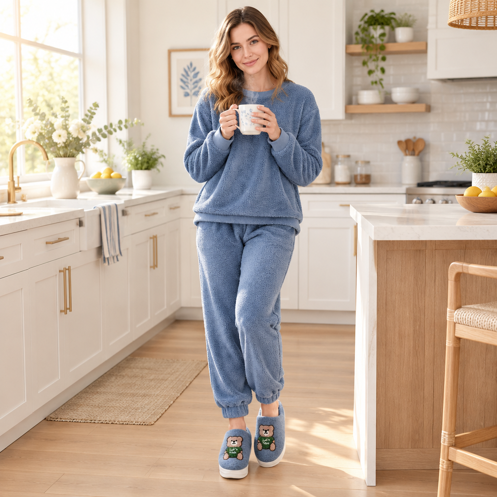 A woman stands in a bright, modern kitchen wearing a matching blue loungewear set with a sweatshirt and jogger pants, holding a white mug. The set features a heathered blue texture, and she is wearing blue slip-on slippers with cartoon bear patches.