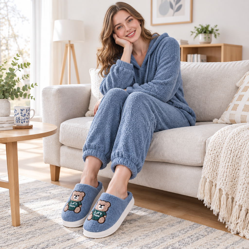 Step into Comfort with Cartoon Bear Woolen Slippers for Women