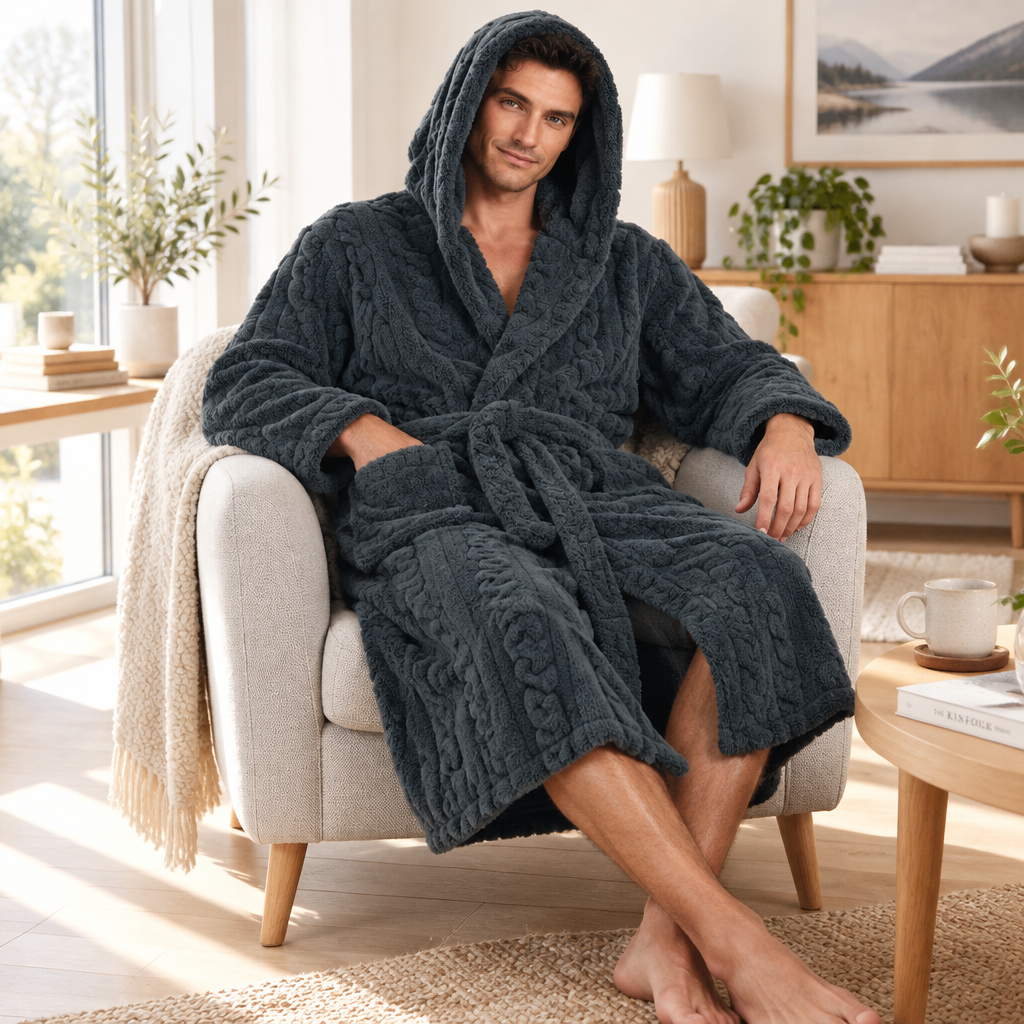 Jacquard Flannel Hooded Bathrobe for Men - Plush Coral Fleece Gown