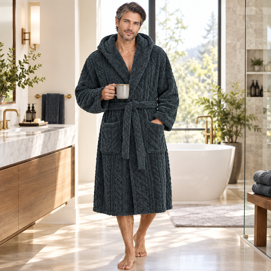 Jacquard Flannel Hooded Bathrobe for Men - Plush Coral Fleece Gown