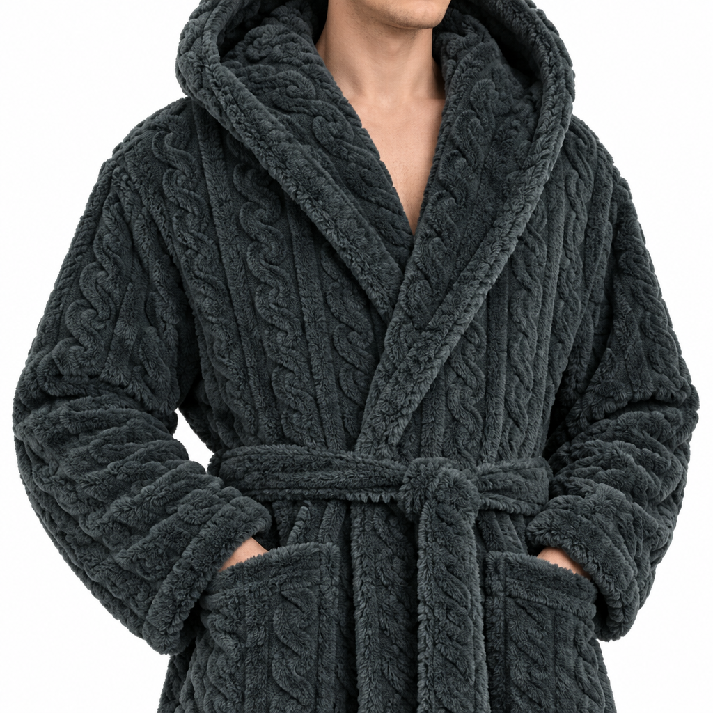 Jacquard Flannel Hooded Bathrobe for Men - Plush Coral Fleece Gown