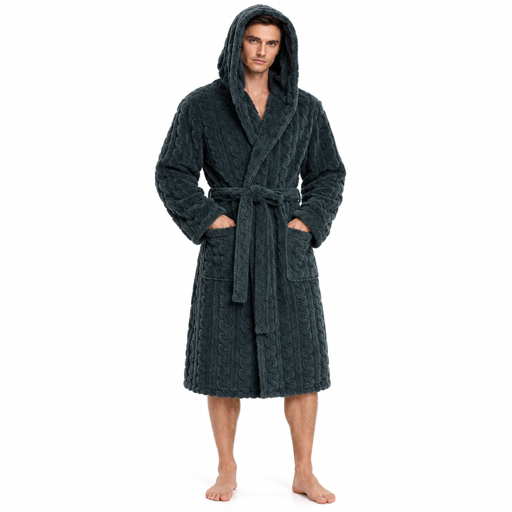 Jacquard Flannel Hooded Bathrobe for Men - Plush Coral Fleece Gown